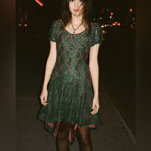 After Dark | Vintage 80’s Green Lace Sequin Woven Ribbon Fairycore Dress 8P